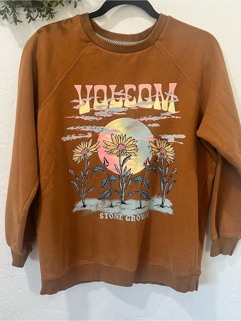 Volcom Brown Graphic Crewneck Sweatshirt Small Boho Floral Surf Style